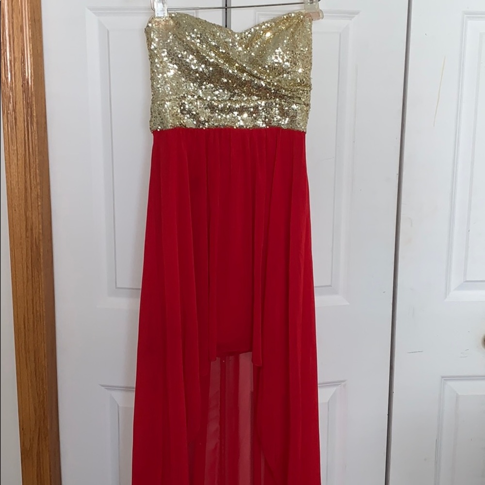 Red and Gold High-Low Woman’s Dress